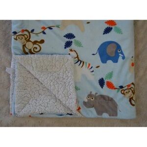 RN 119741 Animal Baby Blanket Blue Lion Monkey Owl Giraffe Rhino Leaf Elephant